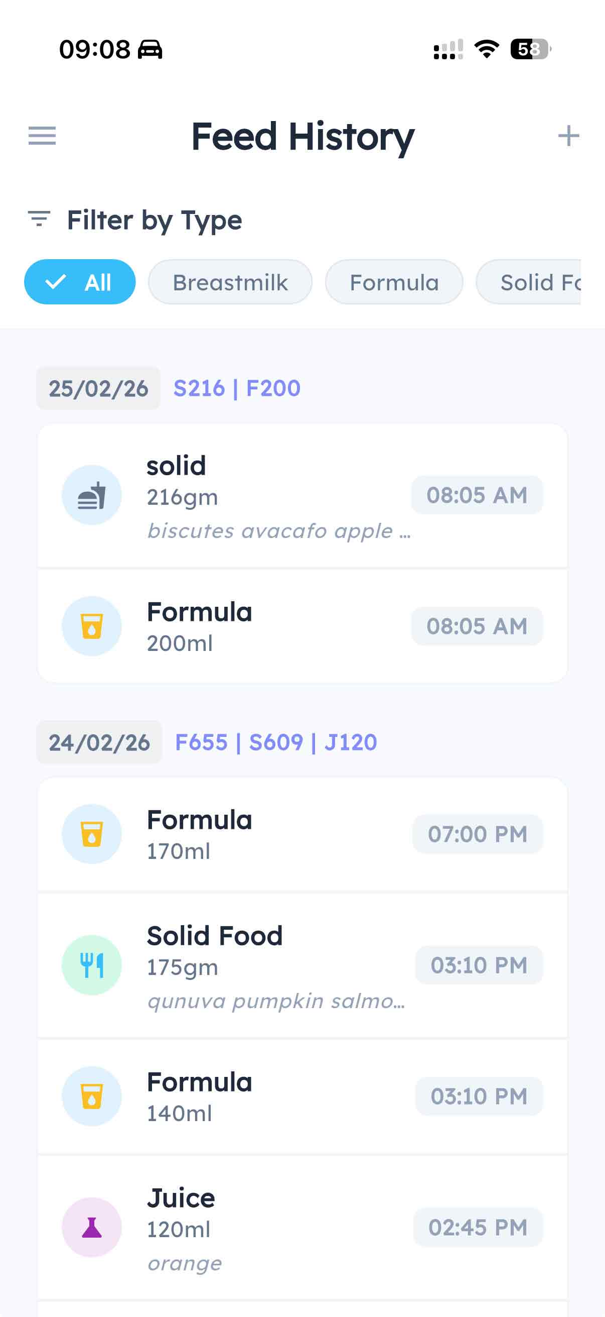Feeding history with type filters and daily totals