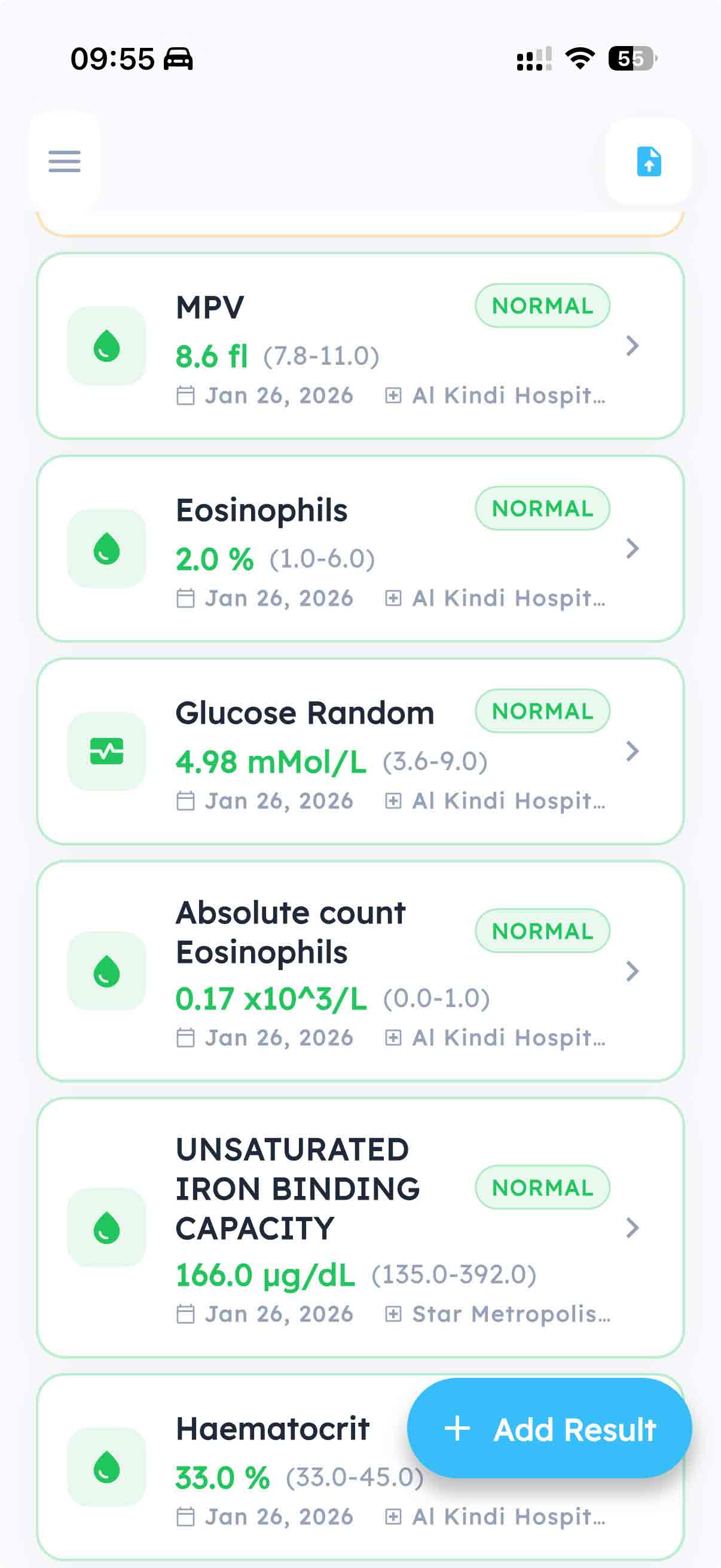 Lab results with reference ranges and normal indicators