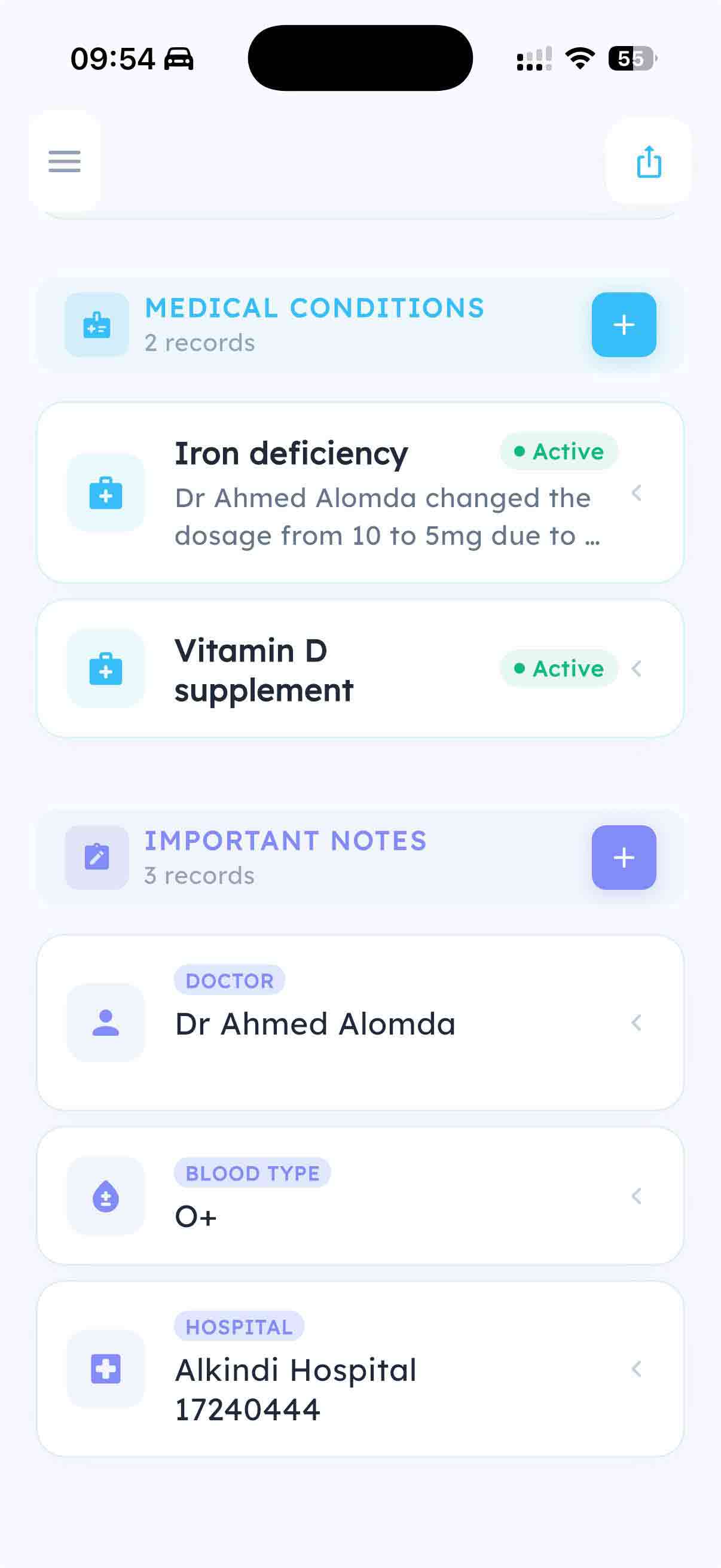 Medical profile with conditions, doctor info, and blood type