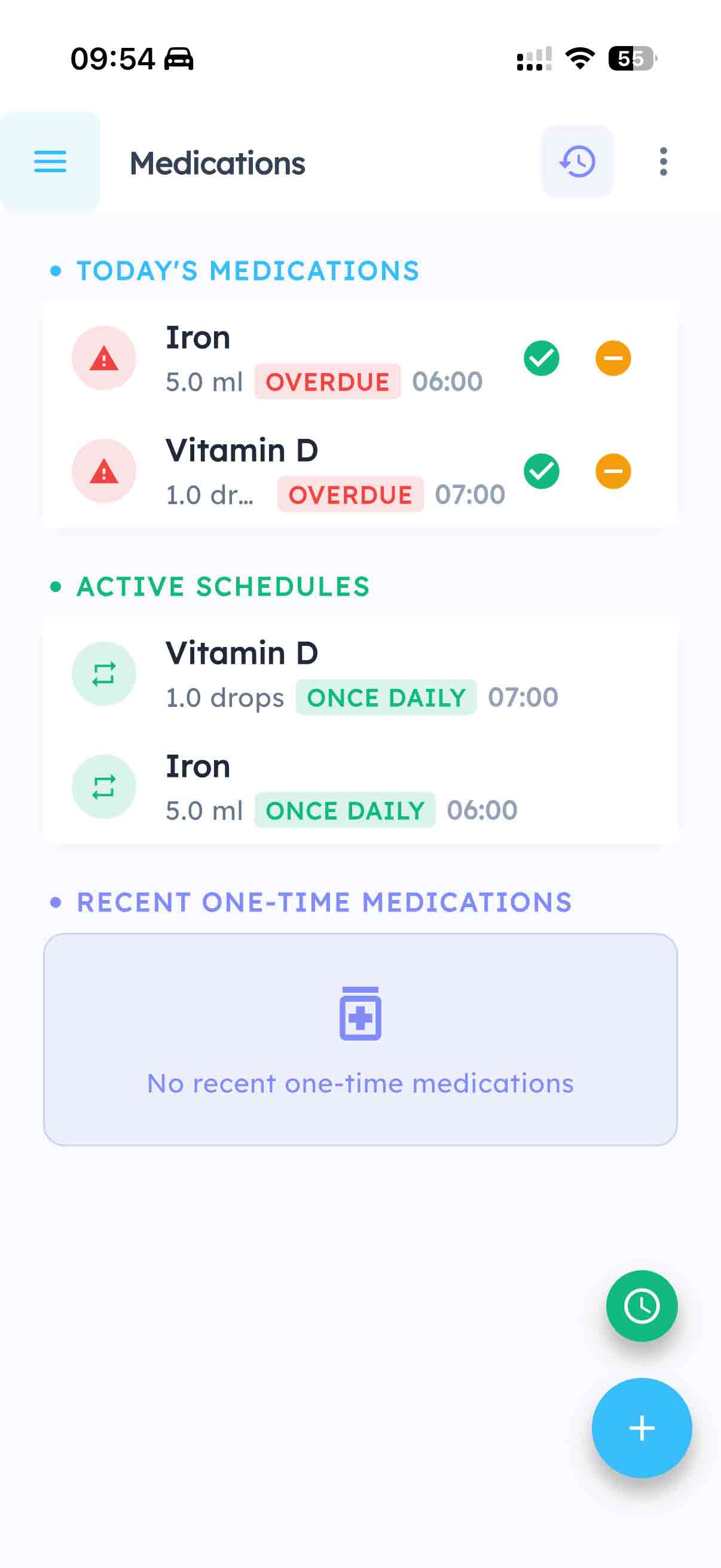 Medication tracking with overdue alerts and schedules